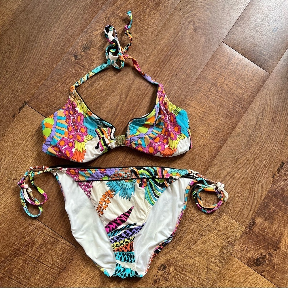 Trina Turk Two Piece Bikini Set Blue Multi Tropical